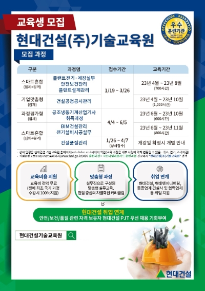 현대건설 기술교육원 교육생 모집 포스터 / 제공 : 현대건설 기술교육원