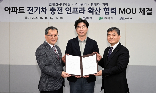 현대차·기아는 지난 3일 서울 종로구 현대엔지니어링 계동사옥에서 현대엔지니어링, 우리관리와 함께 아파트 전기차 충전 인프라 확산을 위한 3자 MOU를 체결했다고 7일 밝혔다. 사진은 (왼쪽부터) 최재홍 현대엔지니어링 자산개발영업실장, 정규원 현대자동차 EV인프라전략실장, 김영복 우리관리 사장의 모습. (사진 = 현대자동차 제공)