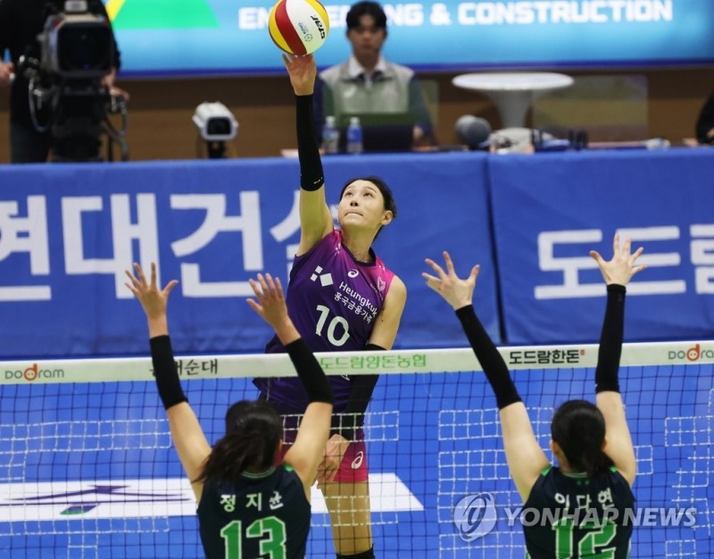 (수원=연합뉴스) 7일 경기도 수원실내체육관에서 열린 프로배구 V리그 여자부 현대건설 힐스테이트와 흥국생명 핑크스파이더스의 경기.흥국생명 김연경이 공격하고 있다.