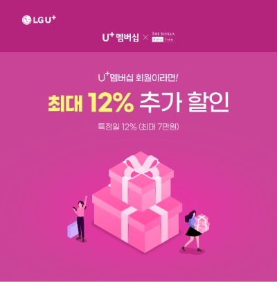 LG유플러스는 신라인터넷면세점과 제휴를 맺고 멤버십 가입자에게 최대 12%의 쇼핑 할인 혜택을 제공하는 프로모션을 2월 한 달 간 진행한다고 8일 밝혔다. 사진은 U+멤버십 신라인터넷면세점 이벤트 포스터.