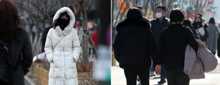 쌀쌀한 날씨를 보인 지난달 10일 오전(왼쪽) 서울 종로구 세종대로사거리 인근에서 시민이 두터운 외투를 입고 이동하고 있다. 같은 날 최고기온이 7도까지 오른 오후(오른쪽) 광화문광장에서 한 시민이 외투를 벗고 이동하고 있다.