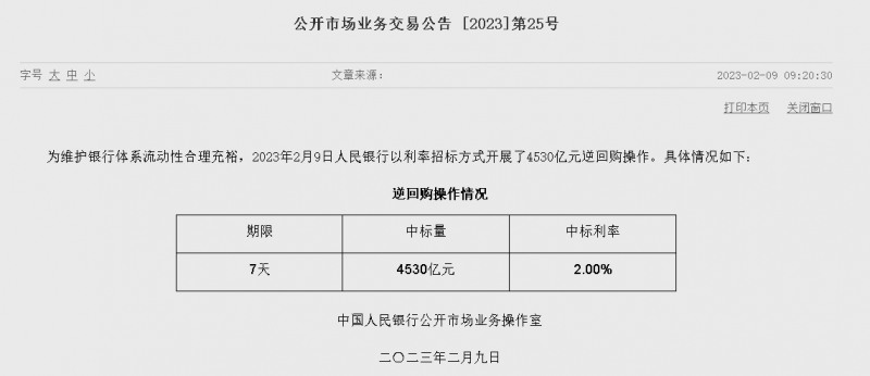 자료=중국인민은행 홈페이지, 공개시장업무 거래공시 2023년 (제25호)