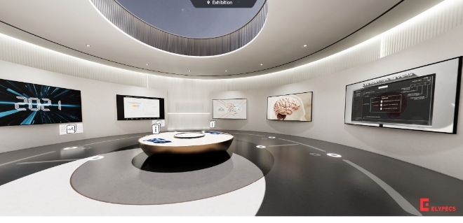 메타버스 기업 올림플래닛은 엘리펙스를 통해 한국에자이의 메타버스 공간을 선보였다고 13일 밝혔다. 사진은 한국에자이 메타버스 공간 전시홀의 모습. (사진 = 올림플래닛 제공)