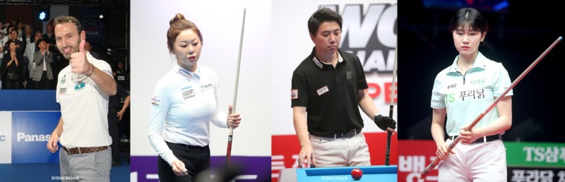 플레이오프행을 놓고 싸우는 하나카드 카시도코스타스, 김가영과 TS샴푸 김종원, 이미래(왼쪽부터. 사진PBA.브릴리언트 빌리아드)