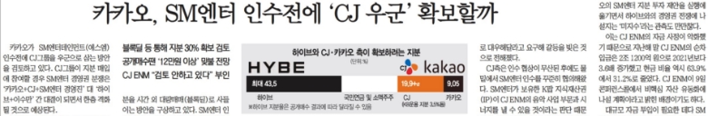 CJ와 카카오가 손잡는다는 내용의 기사