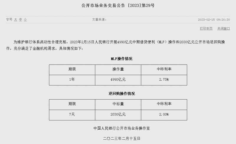 자료=중국인민은행 홈페이지, 공개시장업무 거래공시 2023년 (제29호)