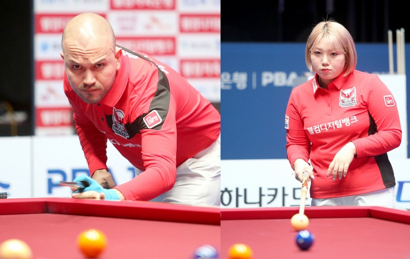 단,복식에서 2승씩 올려 웰뱅의 파이널 첫 승을 이끈 위마즈(왼쪽)와 김예은(사진=PBA)