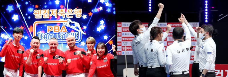 1승 1패로 팽팽한 웰컴저축은행(왼쪽)과 블루원리조트(사진=PBA)