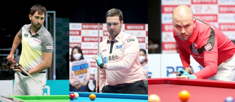 1승을 안고 2차전에 나서는 마르티네스(왼쪽),팔라존(가운데)과 첫 패를 당한 위마즈.(사진=PBA)