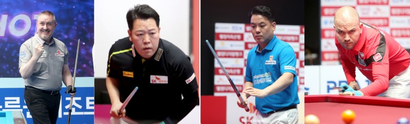 첫판 희비. 왼쪽부터 승리한 쿠드롱, 강동궁과 패해반 조재호, 위마즈(사진=PBA)