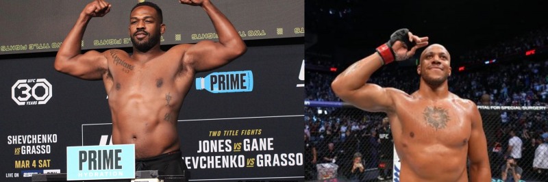 4일 계체에서 248파운드를 기록한 존스(왼쪽)와 가네(사진=UFC)