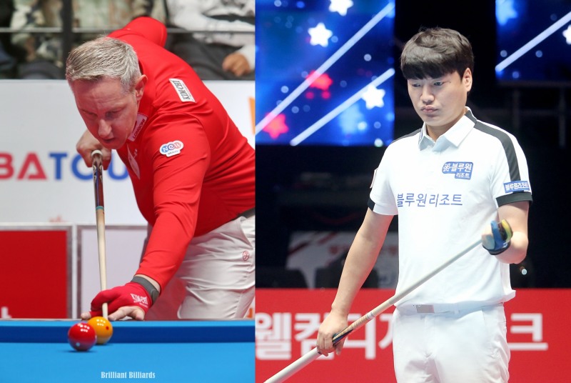 2승과 2패로 16강행을 확정한 레펜스(왼쪽)와 강민구(사진=PBA. 브릴리언트 빌리아드)