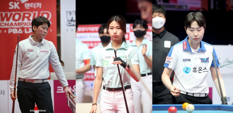흽미의 MZ세대. 왼쪽부터 2패 백민주, 1승 1패 용현지, 2승 김세연(사진=PBA. 브릴리언트 빌리아드)