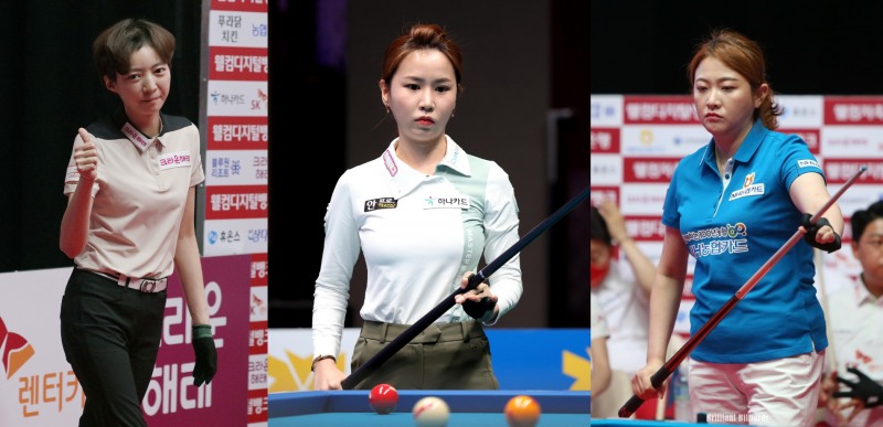 2승을 작성한 임정숙(왼쪽)과 2차전에서 첫승을 거둔 김진아(가운데)와 김민아(사진=PBA)