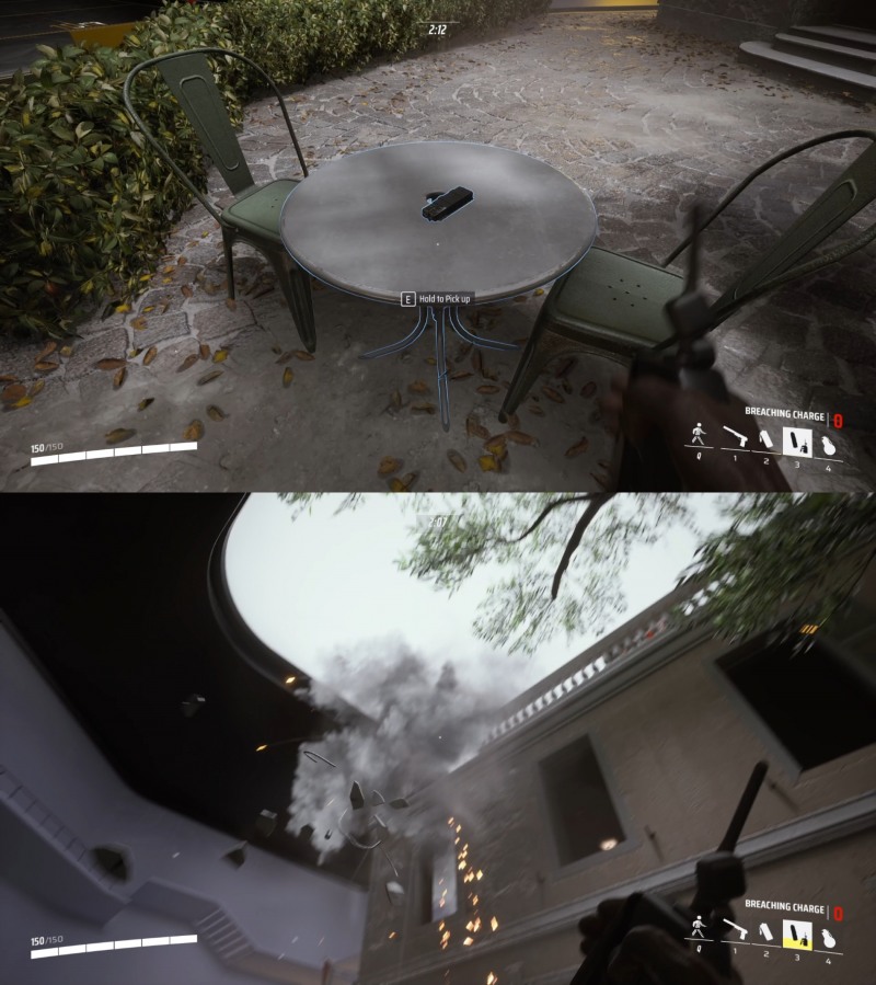 탁자에 가젯을 부착해(위) 공중에서 폭발시키는 것도 가능하다(아래).