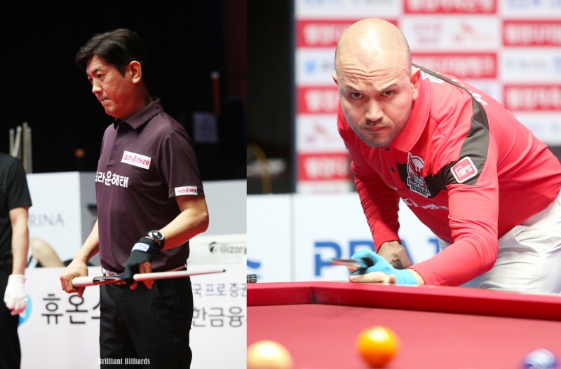 막판 경기에서 탈락한 김재근(왼쪽)과 위마즈(사진=PBA. 브릴리언트 빌리아드)