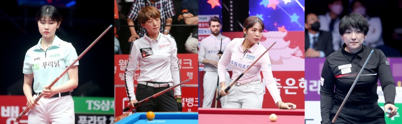 16강전서 챔피언 대결을 벌일 4인. 왼쪽부터 이미래, 임정숙, 스롱, 히가시우치(사진=PBA)