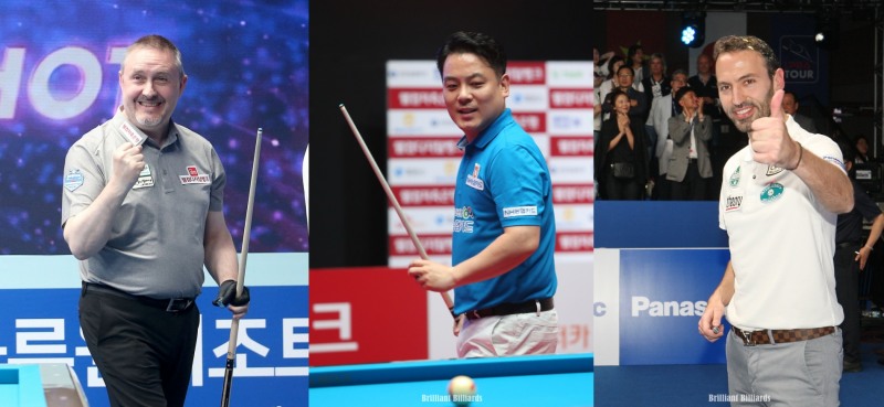 쿠드롱(왼쪽)을 넘어선 조재호(가운데)의 8강 상대는 카시도코스타스(사진=PBA.브릴리언트 빌리아드)