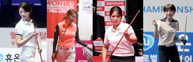 4강전을 벌이는 김가영, 박지현과 사롱, 임정숙(왼쪽부터. 사진=PBA.브릴리언트 빌리아드)