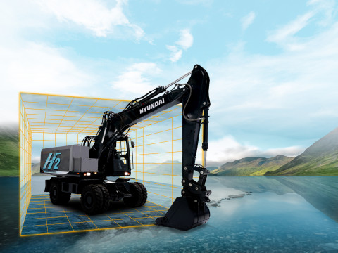 콘엑스포 2023에 전시되는 현대건설기계의 15톤 수소 휠굴착기