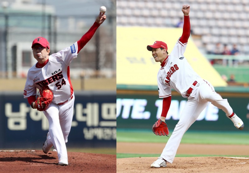 KBO 리그 대표 에이스 양현종(왼쪽)과 김광현이 시범경기에서 의외로 부진, 정규리그 개막을 앞두고 비상이 걸렸다.
