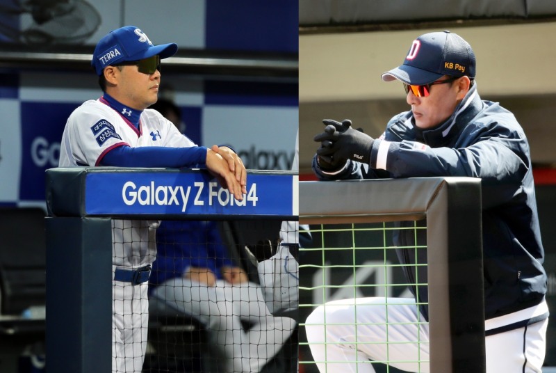 KBO 리그 레전드로 동갑내기인 박진만 감독(왼쪽)과 이승엽 감독은 올해 가장 많은 훈련으로 하위권 탈출을 꿈꾸고 있다.