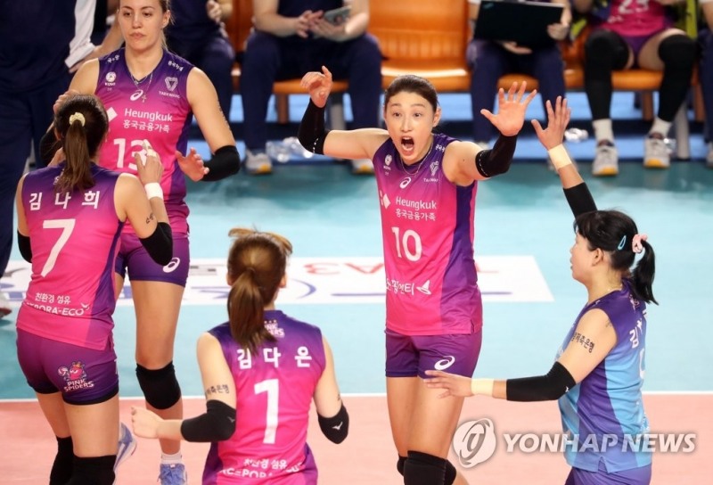 (김천=연합뉴스) 2일 오후 경북 김천실내체육관에서 열린 여자 프로배구 챔피언결정전 3차전 흥국생명 핑크스파이더스와 한국도로공사 하이패스 배구단의 경기. 2세트 흥국생명 선수들이 득점에 성공한 뒤 기뻐하고 있다.
