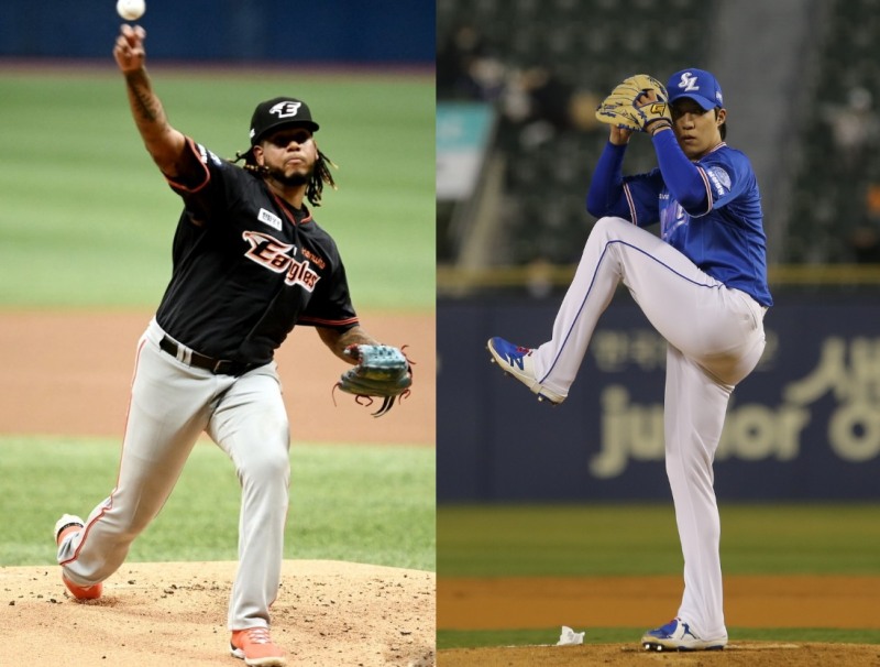 3연전 시리즈 첫 판에 맞붙는 페냐(왼쪽)와 원태인