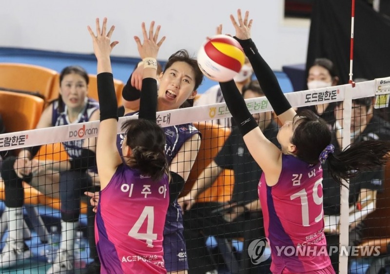 (김천=연합뉴스) 2일 오후 경북 김천실내체육관에서 열린 여자 프로배구 챔피언결정전 3차전 흥국생명 핑크스파이더스와 한국도로공사 하이패스 배구단의 경기. 2세트 한국도로공사 박정아가 공격을 시도하고 있다.