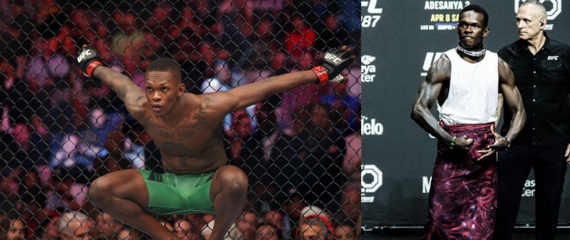 '마지막 샷'의 아데산야. 오른쪽은 미디어데이의 모습(사진=UFC)