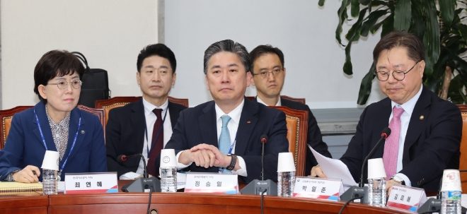 박일준 산업통상자원부 2차관(오른쪽부터), 정승일 한국전력공사 사장, 최연혜 한국가스공사 사장이 6일 오전 서울 여의도 국회에서 열린 전기·가스 요금 민·당·정 간담회에 참석해 있다.  / 연합뉴스