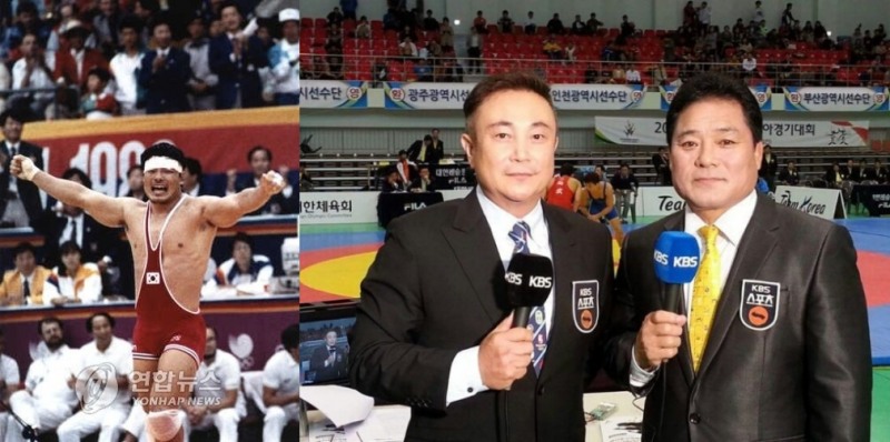 서울올림픽 금메달 획득장면(왼쪽). KKBS 해설 시절(오른쪽)