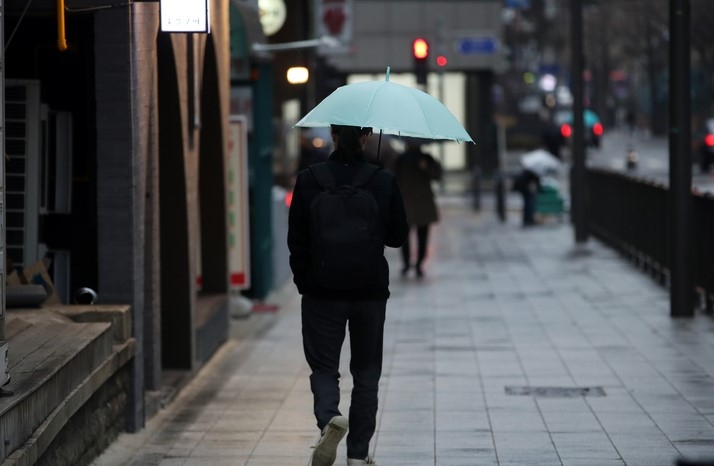 서울지역에 비가 내린 지난 2월10일 서울시청 인근 도로에서 우산을 쓴 직장인들이 출근하고 있다.