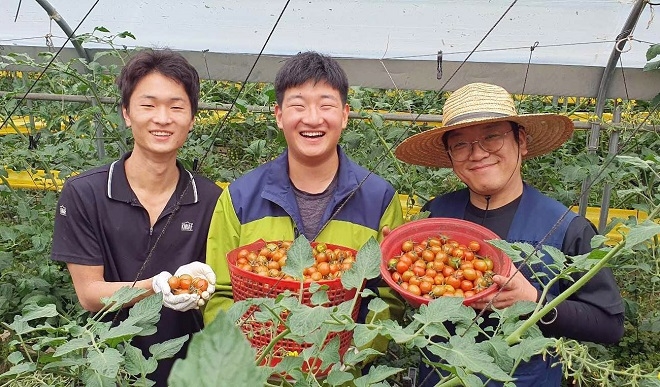 수확한 토마토를 들고 웃고 있는 농업회사법인 팜팜 직원들. [사진=쿠팡]