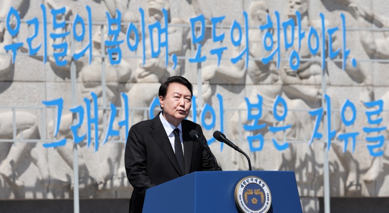 윤석열 대통령이 제 63회 4·19혁명 기념사를 하고있다.[사진=연합뉴스]
