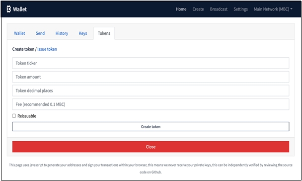 사진=마이크로비트코인 웹지갑에서 토큰 생성 화면