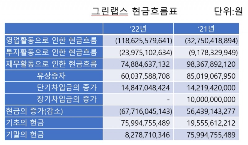 그린랩스 현금흐름표