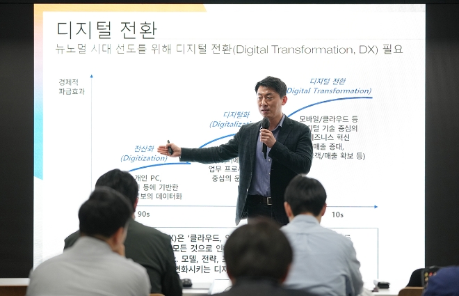 25일 야놀자클라우드 김종윤 대표가 SK디앤디와의 ‘커넥트파이 클라우드’의 공동설립을 기념한 기자간담회에서 발표를 진행하고 있다. 양사는 '커넥트파이 클라우드'를 공동 설립, 공간 산업의 디지털 전환을 통해 프롭테크 생태계를 혁신하고 소상공인 및 스타트업과 협력 및 상생을 강화할 예정이다./ 사진 = 야놀자 제공