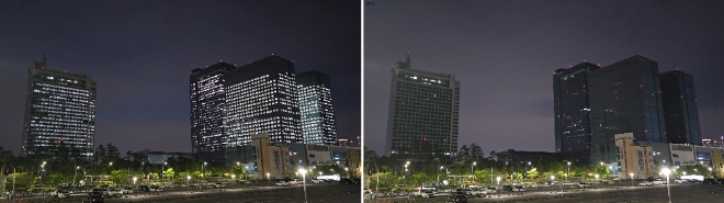 삼성전자는 지난 22일 지구의 날을 기념해 운영되는 기후변화주간을 맞아 국내는 물론 글로벌 사업장에서 에너지 절약을 위한 소등 행사를 진행했다고 25일 밝혔다. 사진은 경기도 수원시 삼성전자 수원사업장 소등 전후. (사진 = 삼성전자 제공)