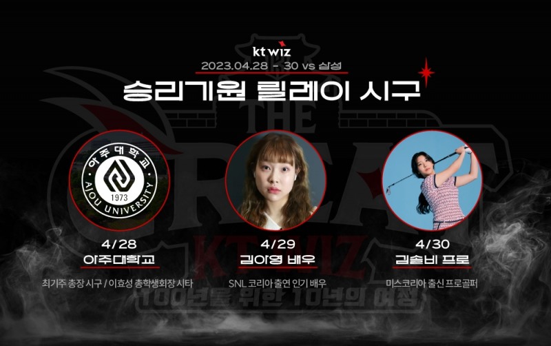 kt위즈, 주말 삼성과의 3연전에 아주대 최기주 총장 등 릴레이 승리 기원 시구