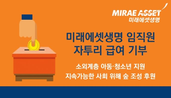 미래에셋생명은 2022년 임직원 자투리 급여 모금액 1,000만 원을 기부한다고 2일 밝혔다. 미래에셋생명은 창립 이래 임직원들의 자발적 참여로 월급의 천원 단위 자투리 금액을 적립해 매년 기부해왔다.임직원들의 따뜻한 땀방울이 담긴 기부금은 재단법인 해피빈을 통해 소외계층 아동ž청소년들을 지원하고 지속가능한 사회를 위한 숲 조성을 후원하는데 쓰일 예정이다. / 이미지 = 미래에셋생명 제공