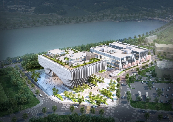 Park1538광양 조감도 모습. 해당 부지에는 광양제철소의 경쟁력과 친환경 철강 브랜드를 알릴 홍보관(왼쪽)과 인재육성을 책임질 교육관이 들어선다. / 제공 = 포스코