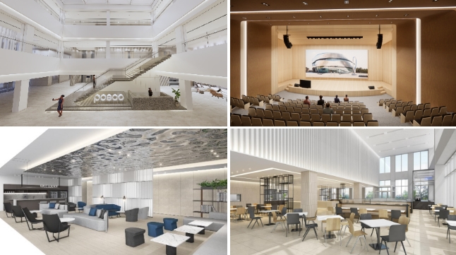 교육관 주요 공간 조감도. (왼쪽 위부터 시계 방향으로) 중앙 로비, 대강당, 식당·카페, 리프레시 라운지.