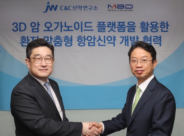 박찬희 C&C신약연구소 대표이사(사진 왼쪽)와 구보성 엠비디 대표이사가 MOU 체결 후 기념촬영을 하고 있다. / 제공:JW중외제약