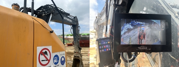 현장 굴착기에 부착된 측후방 카메라(왼쪽) 및 디스플레이 내 인체 인식 장면. / 이미지 = DL건설 제공
