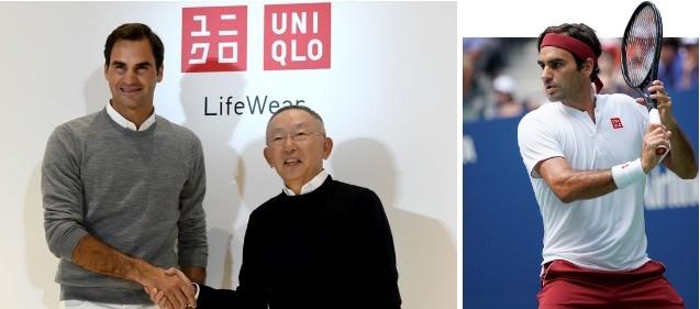 일본 브랜드 유니클로는 '테니스 황제' 로저 페더러 전성기 시절 10년간 3천만달러 후원 계약을 맺었다. 사진은 계약 체결 모습과 유니클로 로고를 단 페더러 경기모습. [유니클로 제공]