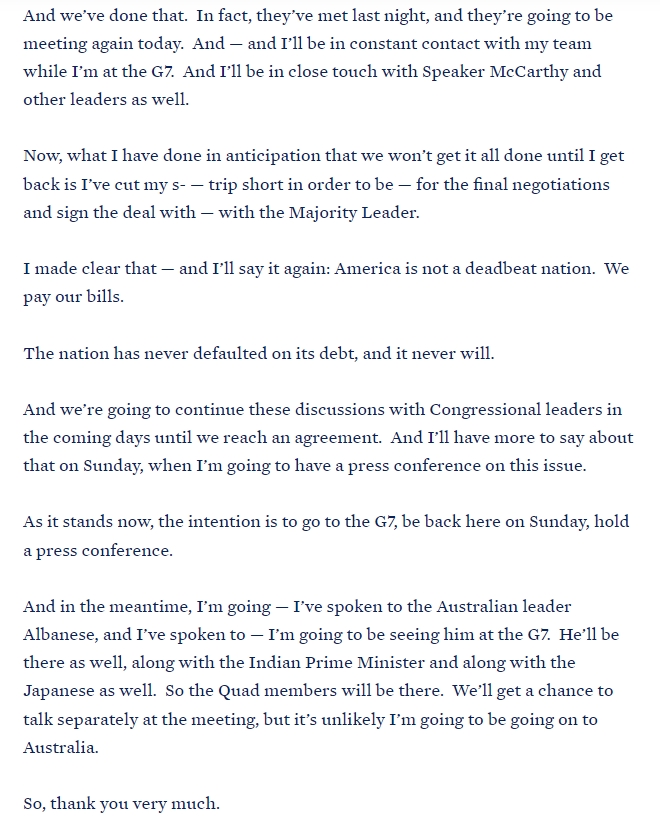 자료: G7 참석차 일본으로 떠나기 전 부채협상 낙관하는 바이든 대통령, 출처: 백악관