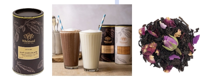 각각 위타드 럭셔리 핫초콜렛, 럭셔리 핫초콜렛을 활용해 만든 밀크셰이크, 티 디스커버리 라인의 잉글리쉬 로즈(왼쪽부터)