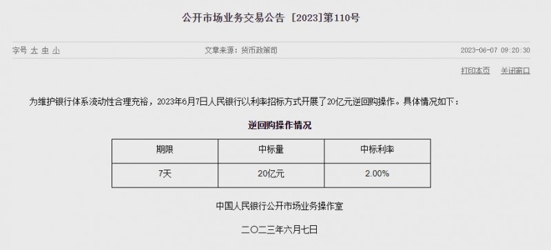(상보) 中인민은행 역RP로 유동성 110억위안 순회수...이번주 690억위안 순회수