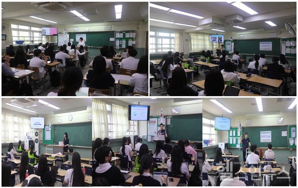 경민고진로특강(1행김진경약사(좌),박훈방사선사(우),2행한유진임상병리사(좌),문희남간호사(중),유남욱물리치료사(우)